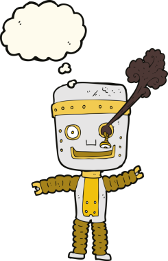 Bir insan tarafından çizilmiş düşünce baloncuklu komik altın robot.