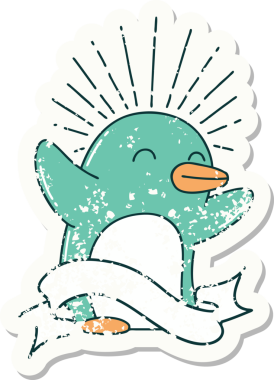 Dövme stili eski bir çıkartma. Bir insan tarafından çizilmiş mutlu penguen.