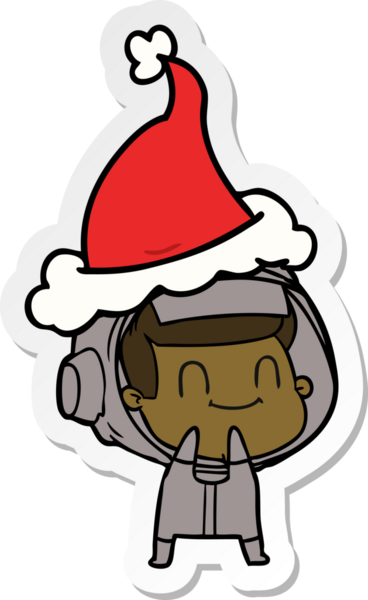 Bir insan tarafından çizilmiş Noel Baba şapkası giyen bir astronotun mutlu el çizimi karikatürü.
