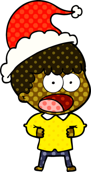 Bir insan tarafından çizilmiş Noel Baba şapkası giyen şok olmuş bir adamın el çizimi çizgi roman çizimi.