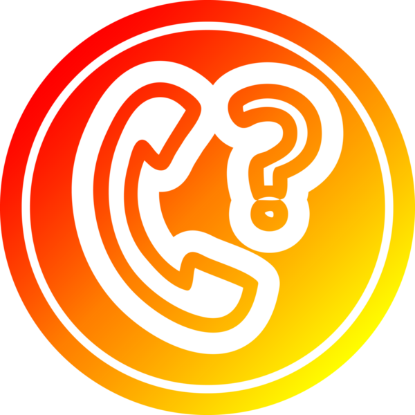 Bir insan tarafından çizilen sıcak gradyan bitiş çizgili soru işareti dairesel simgesi olan telefon ahizesi