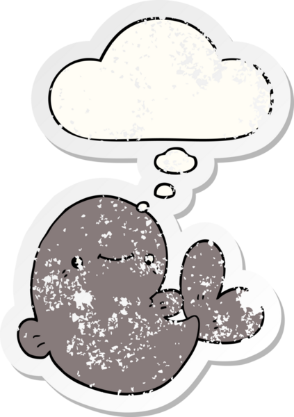 Düşünce baloncuğu olan karikatür balinası bir insan tarafından çizilmiş yıpranmış bir çıkartma.