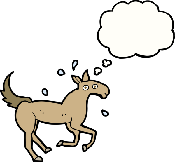 Bir insan tarafından çizilmiş düşünce baloncuğuyla terleyen at.
