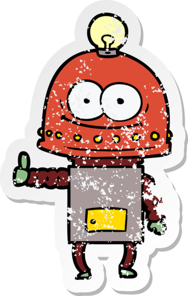 Bir insan tarafından çizilmiş ampullü mutlu bir robot çıkartması.