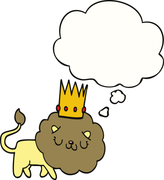 Bir insan tarafından çizilmiş düşünce baloncuklu taç takmış çizgi film aslanı.