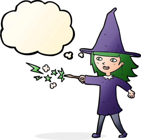 Karikatür cadısı bir insan tarafından çizilmiş düşünce balonuyla büyü yapıyor.