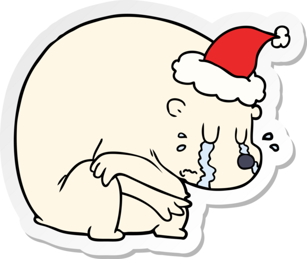 Ağlayan el çizimi bir kutup ayısının insan tarafından çizilmiş Noel Baba şapkası giydiği bir karikatür.