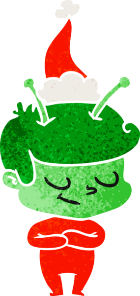 Bir insan tarafından çizilmiş Noel Baba şapkası giyen bir uzay adamının dostane el çizimi karikatürü.