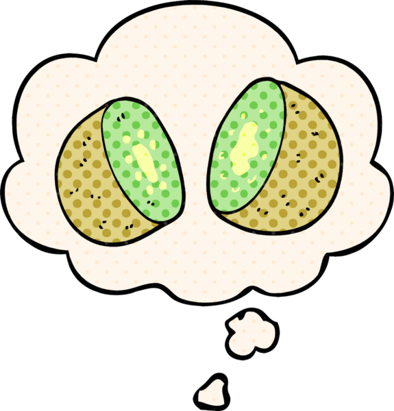 Çizgi roman tarzında bir insan tarafından çizilmiş düşünce baloncuklu kivi.