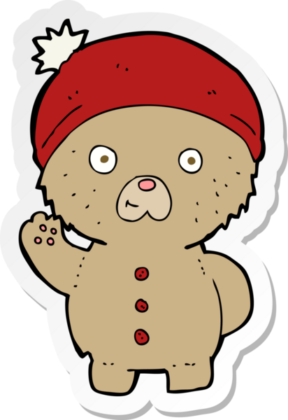 Bir insan tarafından çizilmiş kış şapkalı oyuncak ayıyı sallayan bir karikatür çıkartması.