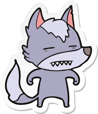 Bir insan tarafından çizilmiş dişleri gösteren bir kurt çizgi film etiketi.