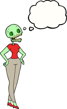 Bir insan tarafından çizilmiş serbest çizim baloncuklu zombi kadın.