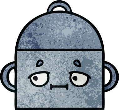 Bir insan tarafından çizilmiş yemek tenceresinin retro grunge desenli karikatürü