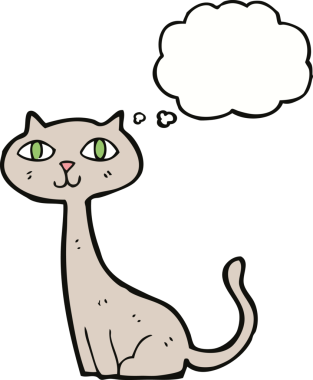 Bir insan tarafından çizilmiş düşünce kabarcığı olan çizgi film kedisi.