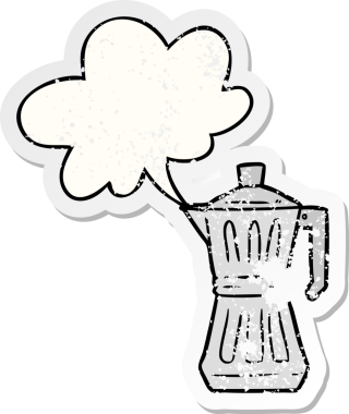 Konuşma baloncuğu olan çizgi film espresso üreticisi bir insan tarafından çizilmiş sıkıntılı eski bir çıkartma