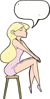 Bir insan tarafından çizilmiş bir konuşma balonuyla taburede oturan karikatür kadın.