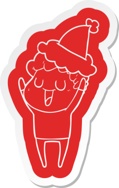 Bir insan tarafından çizilmiş Noel Baba şapkası giyen bir adamın komik çizgi film çıkartması.