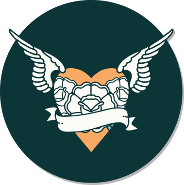 Geleneksel kalp stili dövme çıkartması. Kanatları, çiçekleri ve insan sancağıyla çizilmiş.