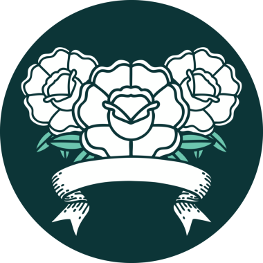 Bir insan tarafından çizilmiş bir buket çiçeğin pankartıyla dövme stili simgesi