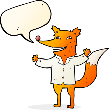 Bir insan tarafından çizilmiş konuşma balonlu tişört giyen mutlu tilki çizgi filmi.