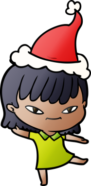 Bir insan tarafından çizilmiş Noel Baba şapkası giymiş bir kadının el çizimi karikatürü.