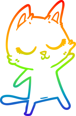 Bir insan tarafından çizilen sakin bir çizgi film kedisinin gökkuşağı gradyanı çizimi