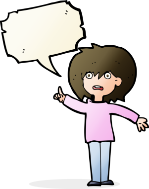 Bir insan tarafından çizilmiş konuşma balonuyla soru soran karikatür kadını.