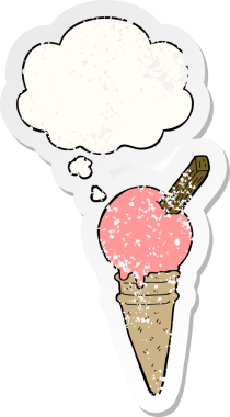 Düşünce baloncuklu çizgi film dondurması insan tarafından çizilmiş yıpranmış bir çıkartma gibi.