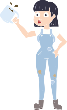 Bir insan tarafından çizilmiş kahve fincanı ile kadın işçinin düz renk çizimi