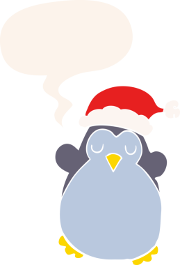 Bir insan tarafından çizilmiş retro tarzı konuşma baloncuğu olan sevimli bir Noel pengueni.