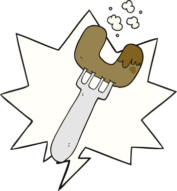 İnsan tarafından çizilmiş konuşma baloncuklu çatal üzerinde sosis.