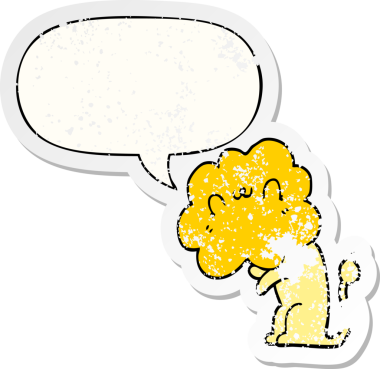 Konuşma baloncuğu olan karikatür aslanı bir insan tarafından çizilmiş sıkıntılı eski bir çıkartma