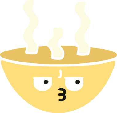 Bir insan tarafından çizilmiş sıcak çorba kasesinin düz renkli retro karikatürü