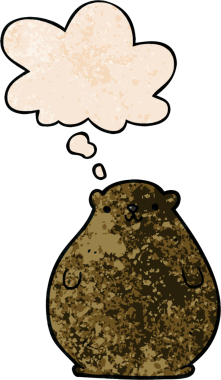 Bir insan tarafından çizilmiş grunge desenli düşünce baloncuklu çizgi film ayısı.