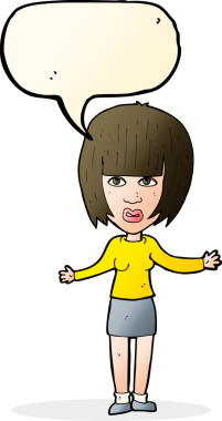 Bir insan tarafından çizilmiş konuşma baloncuğuyla omuz silken çizgi film kadını.