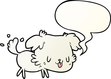 Tatlı çizgi film köpeği kuyruğunu sallıyor konuşma baloncuğuyla bir insan tarafından çizilmiş yumuşak bir gradyan tarzıyla.