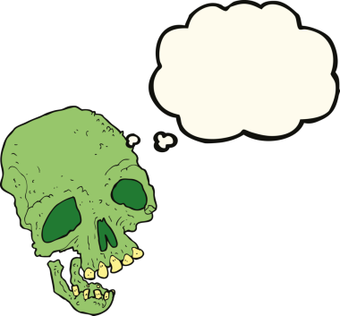 Bir insan tarafından çizilmiş düşünce baloncuklu antik ürkütücü kafatası.