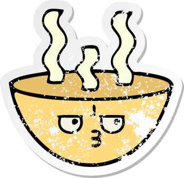 Bir insan tarafından çizilmiş sıcak çorba kasesinin hüzünlü çıkartması.