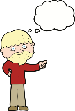 Karikatür sakallı adam bir insan tarafından çizilmiş düşünce balonuyla işaret ediyor.