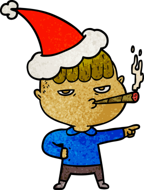 Bir insan tarafından çizilmiş Noel Baba şapkası giyen bir adamın el çizimi karikatürü.