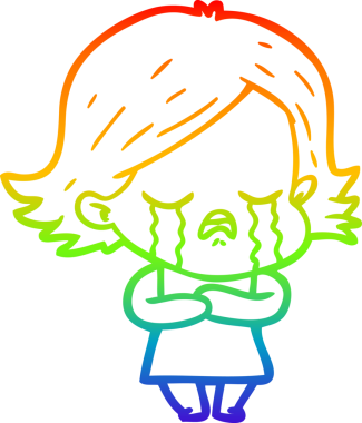 Gökkuşağı gradyan çizimi bir insan tarafından çizilmiş ağlayan bir çizgi kız çizimi