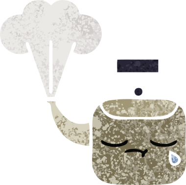 Bir insan tarafından çizilen dumanı tüten bir çaydanlığın retro çizim tarzı karikatürü