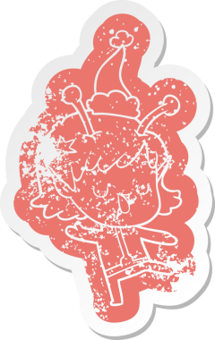 Mutlu uzaylı kız çizgi filmi bir insan tarafından çizilmiş Noel Baba şapkasının çıkartması.