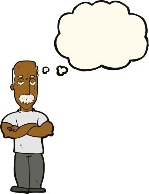 Bir insan tarafından çizilmiş, bıyıklı kızgın bir çizgi film karakteri.