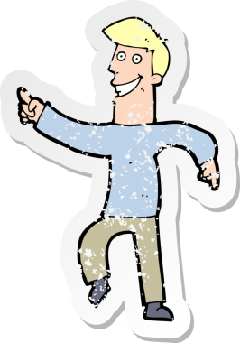 Bir insan tarafından çizilmiş sırıtan bir çizgi film karakterinin kederli retro yapıştırması.