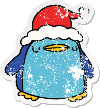 Bir insan tarafından çizilmiş kawaii pengueninin sıkıntılı yılbaşı çıkartması.