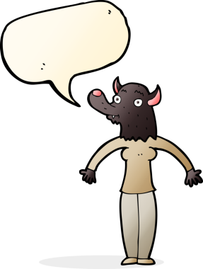 Bir insan tarafından çizilmiş konuşma balonlu kurtadam kadın.