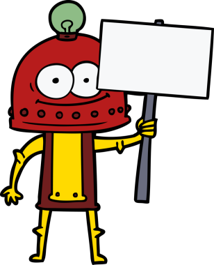 Bir insan tarafından çizilmiş ampullü mutlu karton robot.