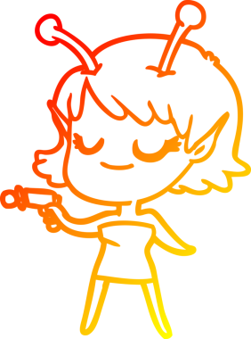 Bir insan tarafından çekilen, gülümseyen, uzaylı bir kızın ışın tabancasının sıcak çizgi çizimi.