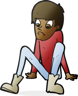 Bir insan tarafından çizilmiş yerde oturan çizgi film çocuğu.